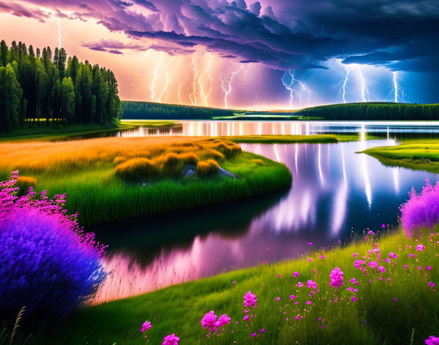 Scenic landscape with purple wildflowers, calm river, green trees, and distant lightning storm.