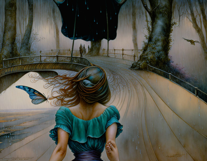 Surreal painting of woman with flowing hair by scenic bridge and tree under starry sky