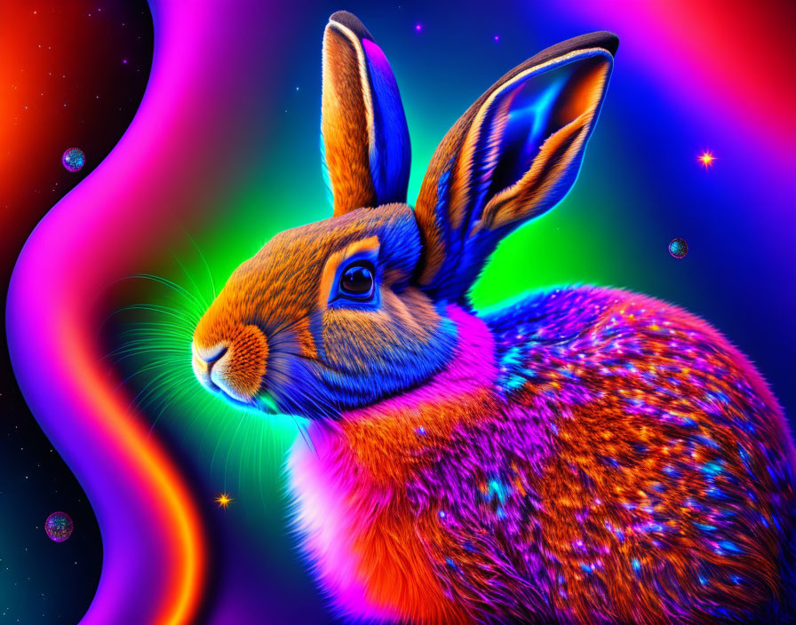 Colorful Psychedelic Rabbit Artwork with Neon Colors and Swirling Background