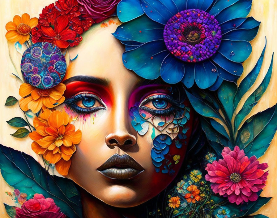 Colorful floral patterns merge with woman's face in captivating portrait