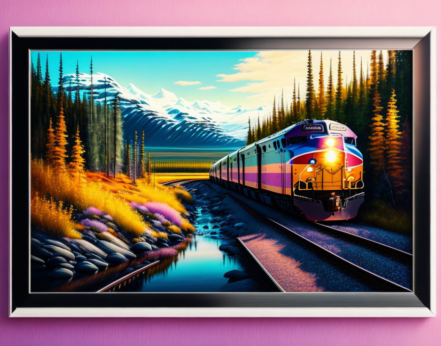 Colorful train passing through mountain landscape in pink frame