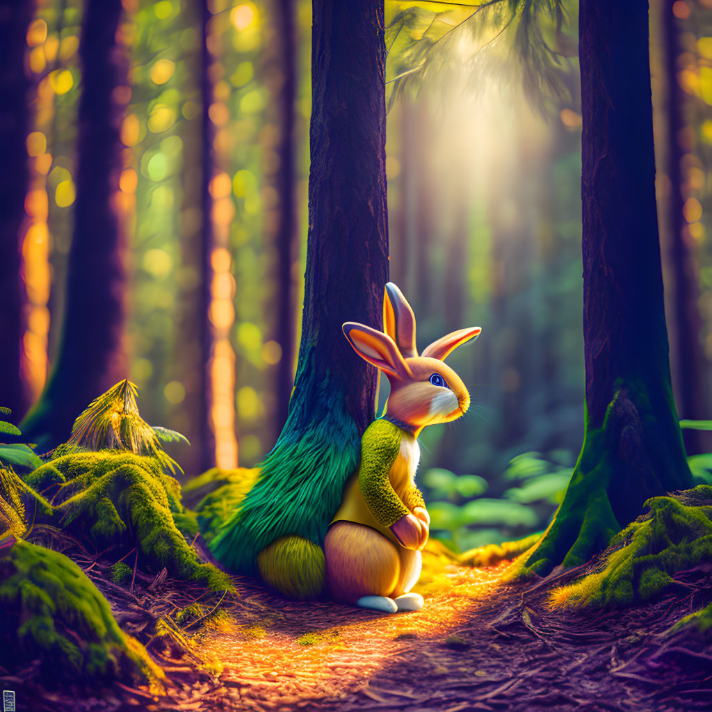 Colorful Rabbit in Sunlit Forest with Ethereal Glow