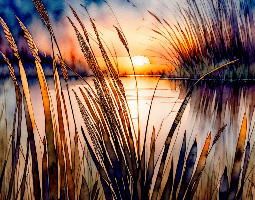 Serene sunset watercolor painting with tall grasses and warm sky