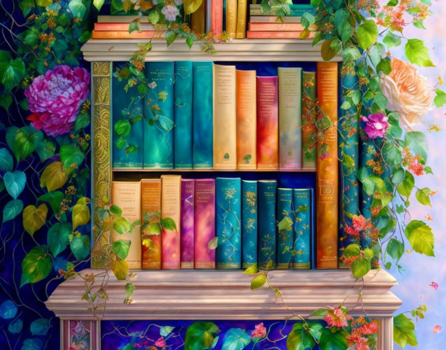 Colorful Bookshelf Decorated with Green Vines and Flowers