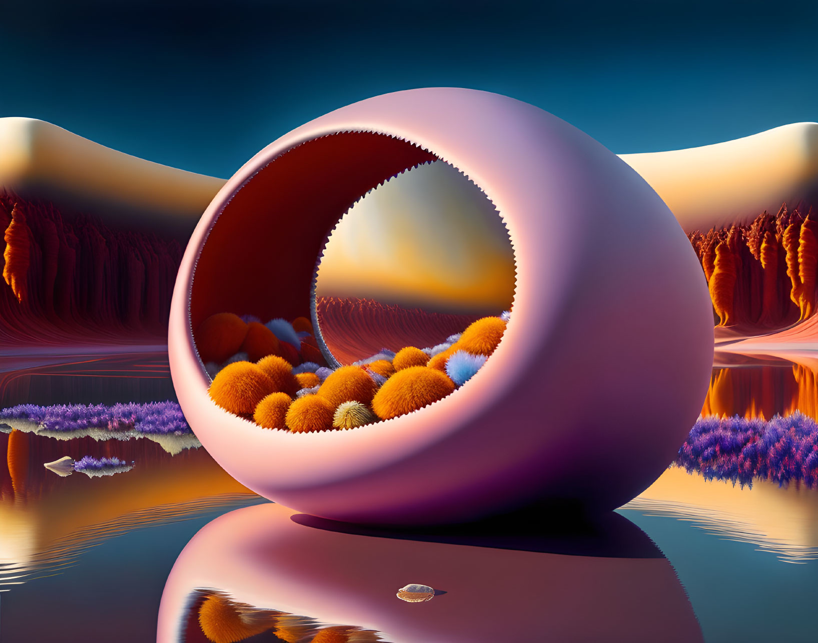 Surreal landscape with reflective sphere in water, orange foliage, purple sand dunes, twilight sky