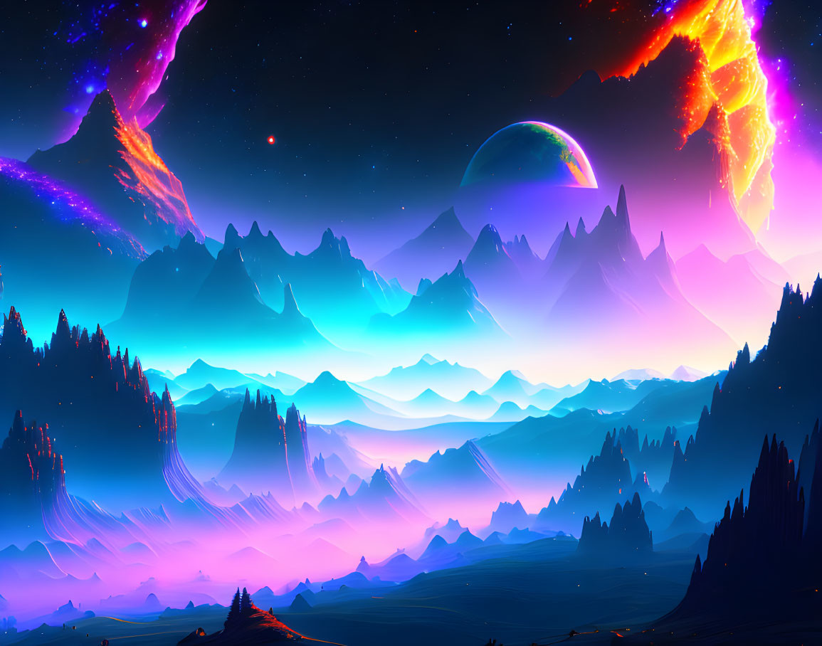 Colorful surreal landscape: mountains, nebulae, planet, meteor