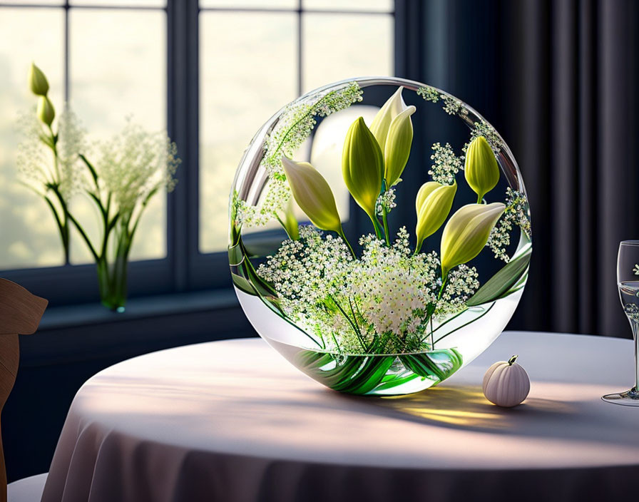 Transparent sphere with lilies and baby's breath flowers on table, blurred background of windows and curtains