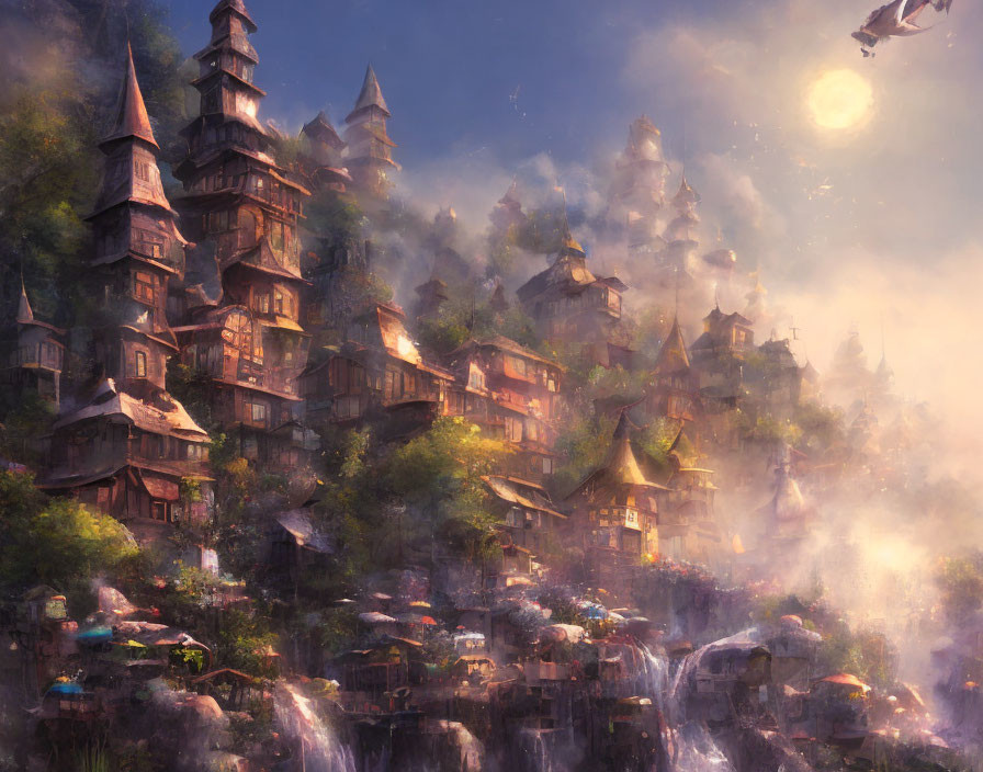 Mystical village with wooden structures in misty mountains under sunlit sky