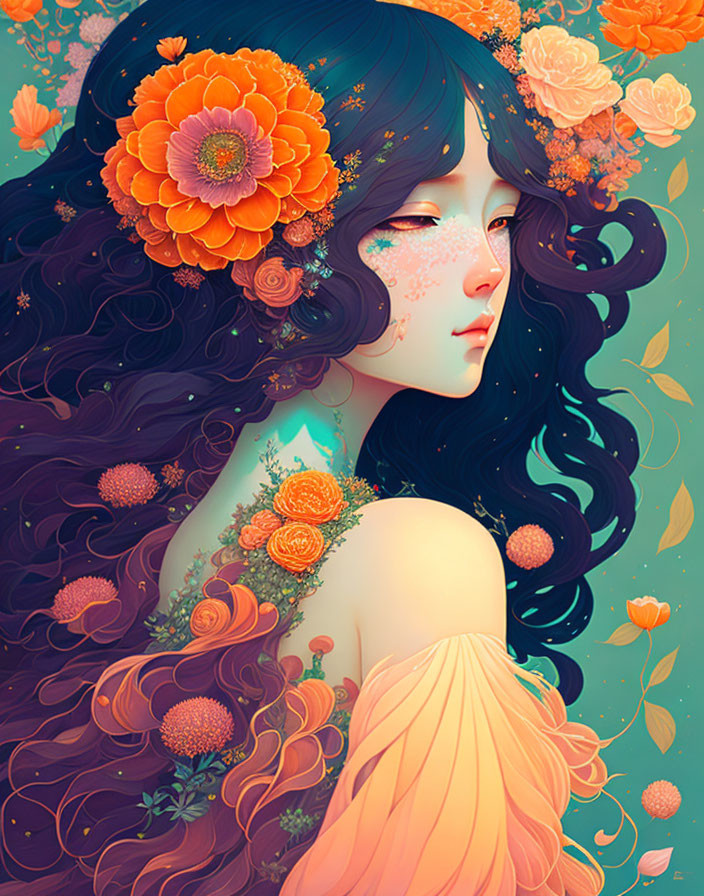 Illustration: Woman with Dark Hair and Orange Flowers on Teal Background