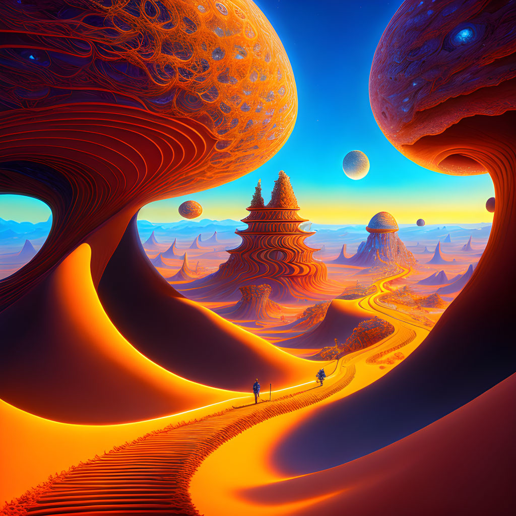 Vibrant surreal alien landscape with figures and fantastical planets