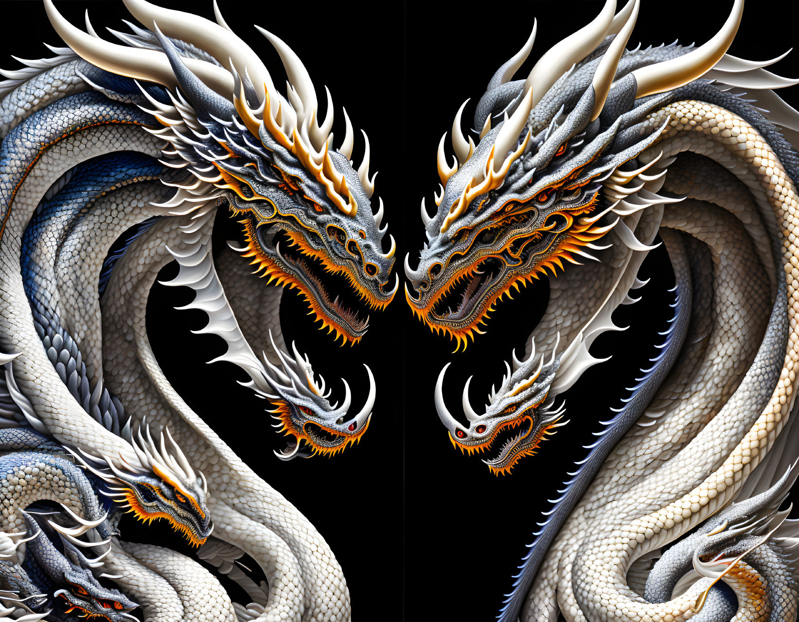 Symmetrical dragons with vibrant scales on black background