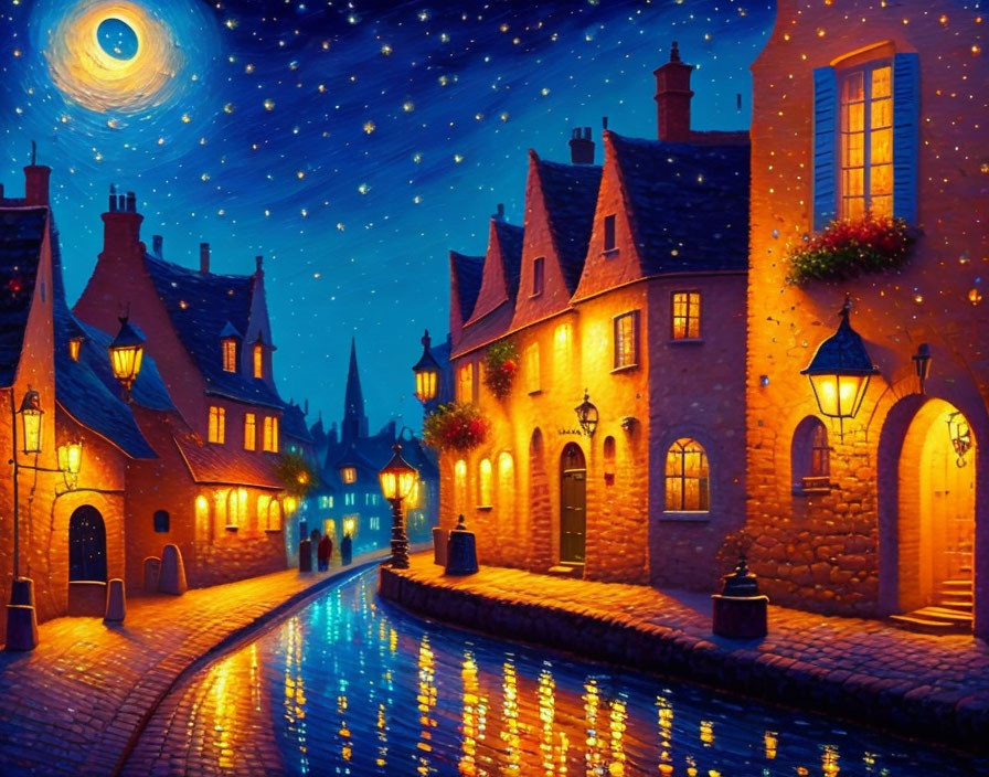 Quaint Village Cobblestone Street at Night with Moon and Illuminated Houses