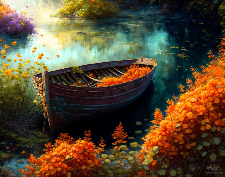 Autumn Scene: Old Wooden Boat and Orange Leaves by Serene Riverbank