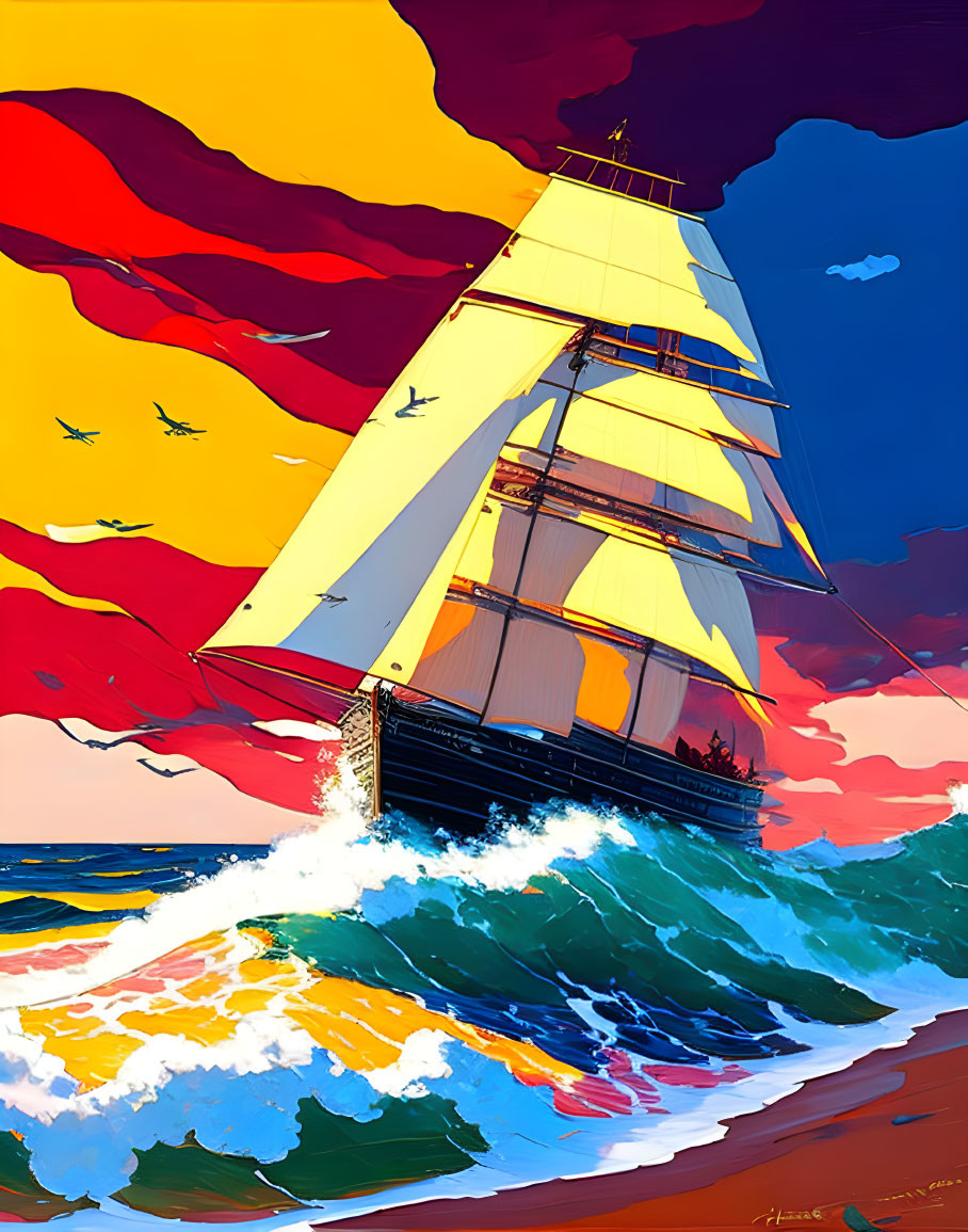 Colorful tall ship sailing on high seas at sunset with seagulls