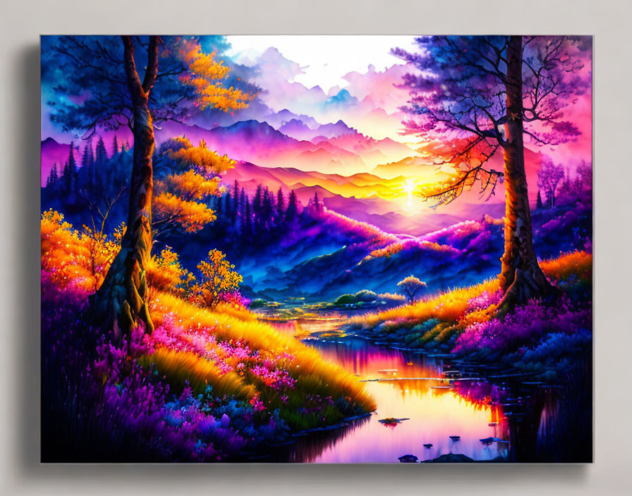 Tranquil river sunset painting with purple and orange skies