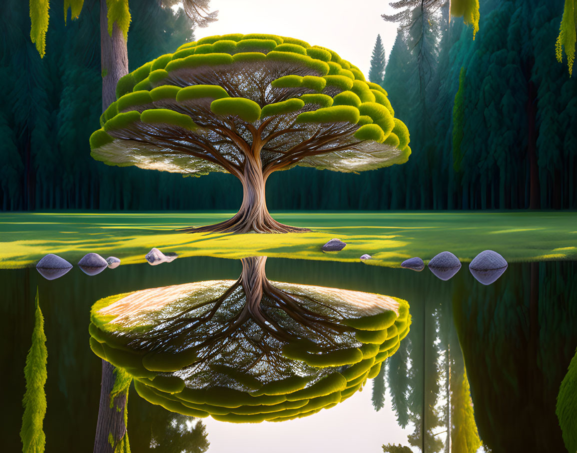 Tranquil landscape with symmetrical tree reflection in still water