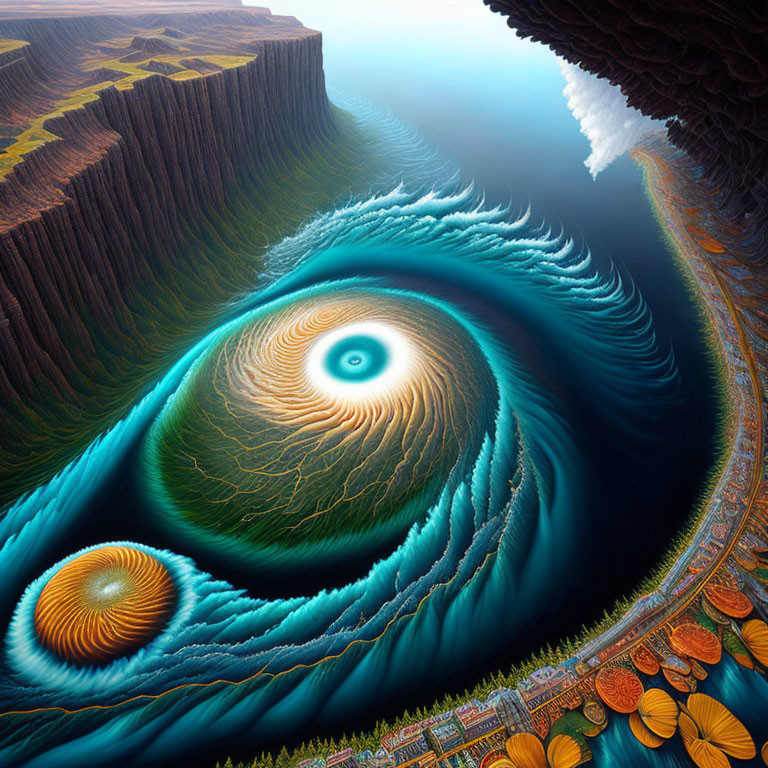 Surreal ocean waves form eye-like structure with cliff-like borders