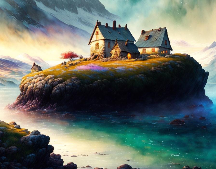 Cozy cottage on grassy knoll by calm waters at dusk