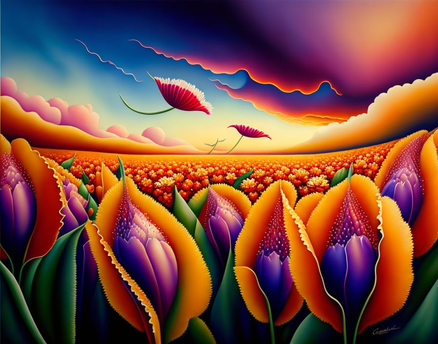 Colorful painting: stylized tulip field under dramatic sunset sky