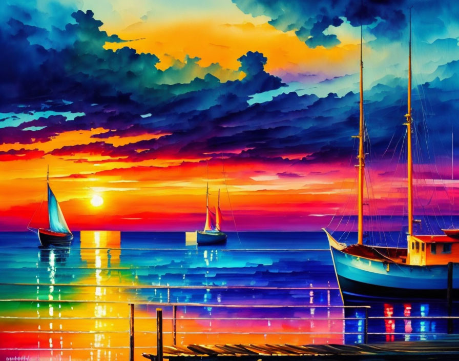 Colorful sunset over calm sea with boats and dock