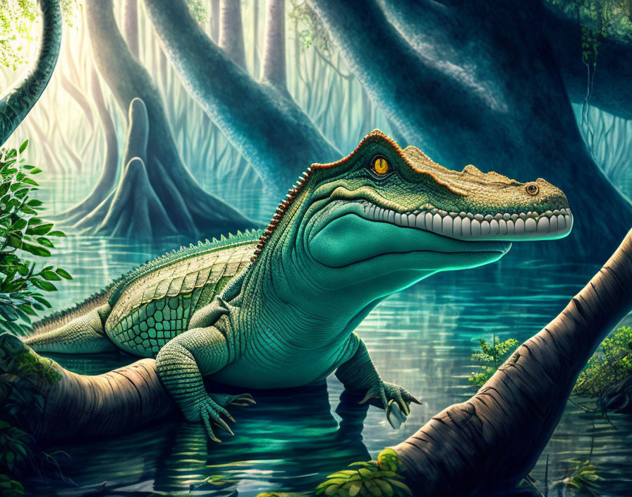 Green alligator resting in lush forest by water