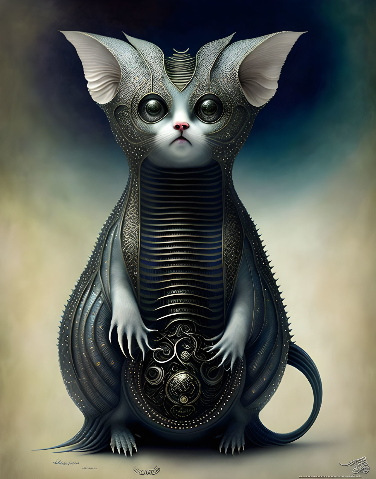 Intricate mechanical cat with large ears and blue eyes on soft background