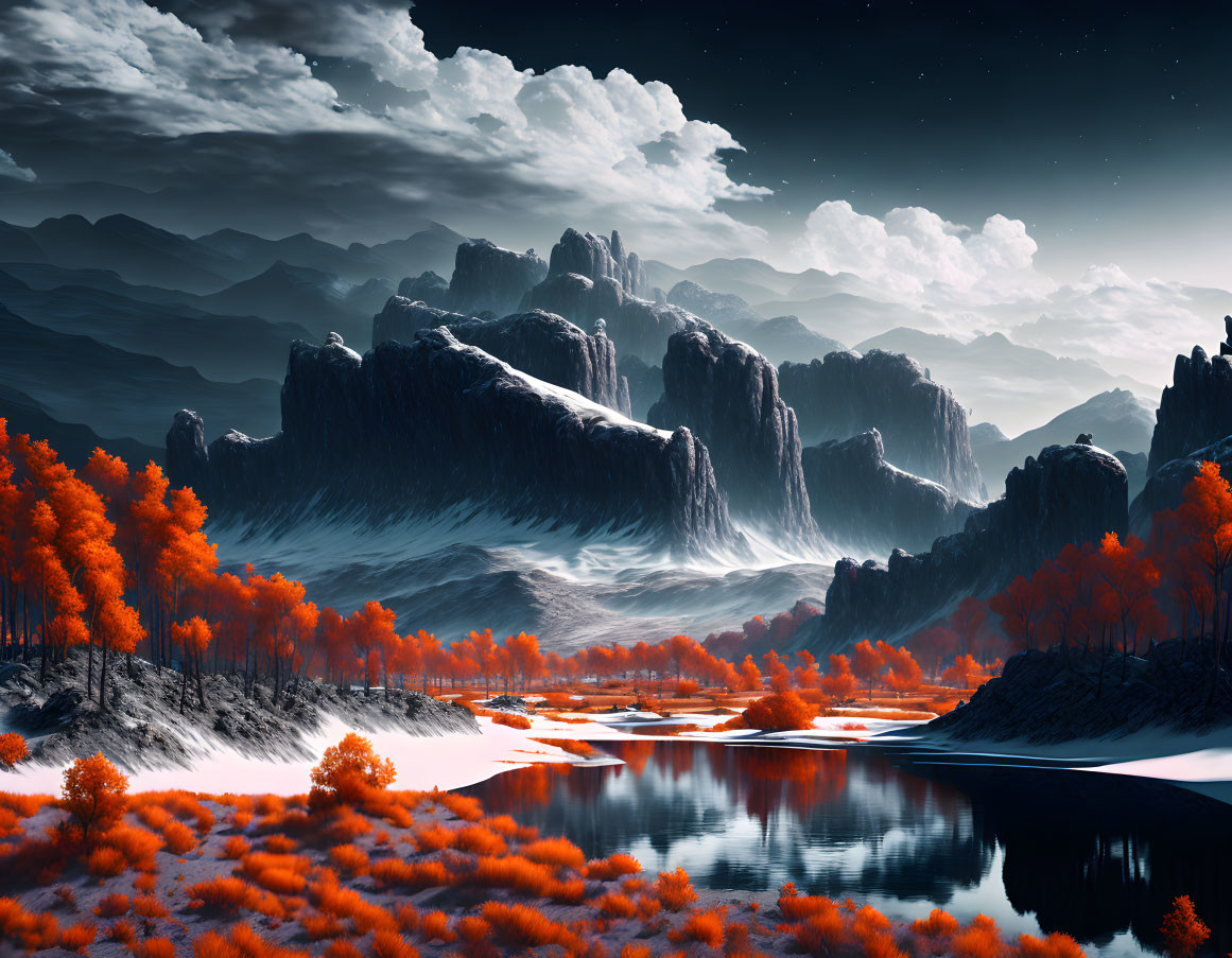 Surreal landscape with starry sky, towering mountains, and tranquil river