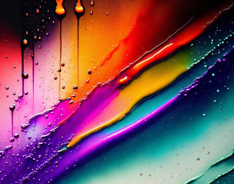 Colorful streaks and water droplets on glass surface for abstract art effect