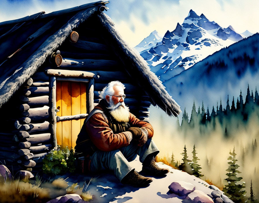 Elderly bearded man outside log cabin in mountain landscape