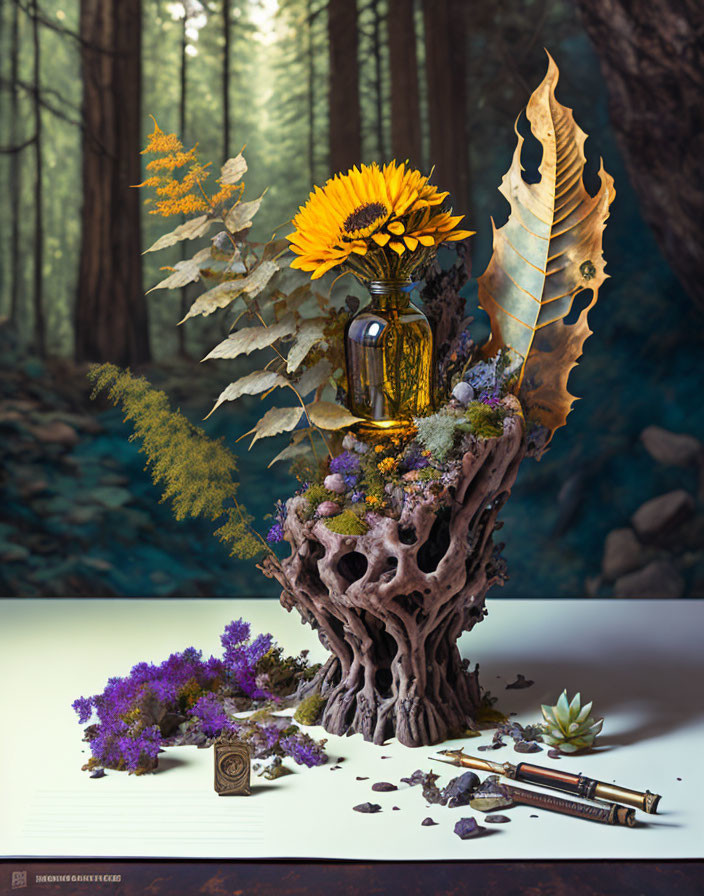 Artistic composition with tree stump, sunflowers, foliage, jar, succulent, syringe,