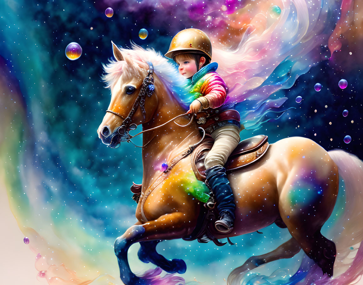 Child Riding Horse in Cosmic Setting with Helmet