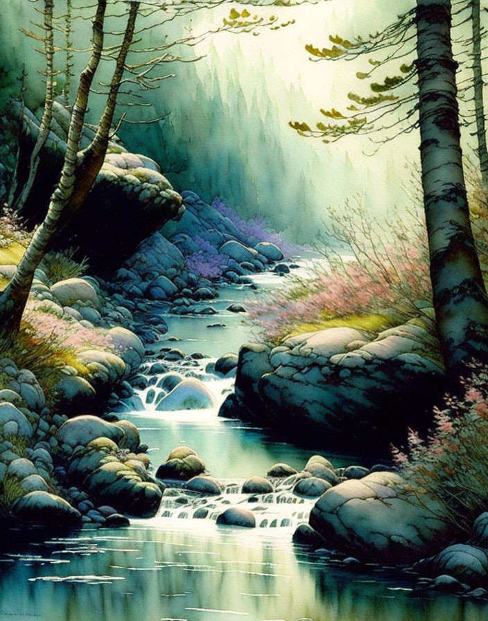 Tranquil watercolor painting of misty forest stream and purple flora