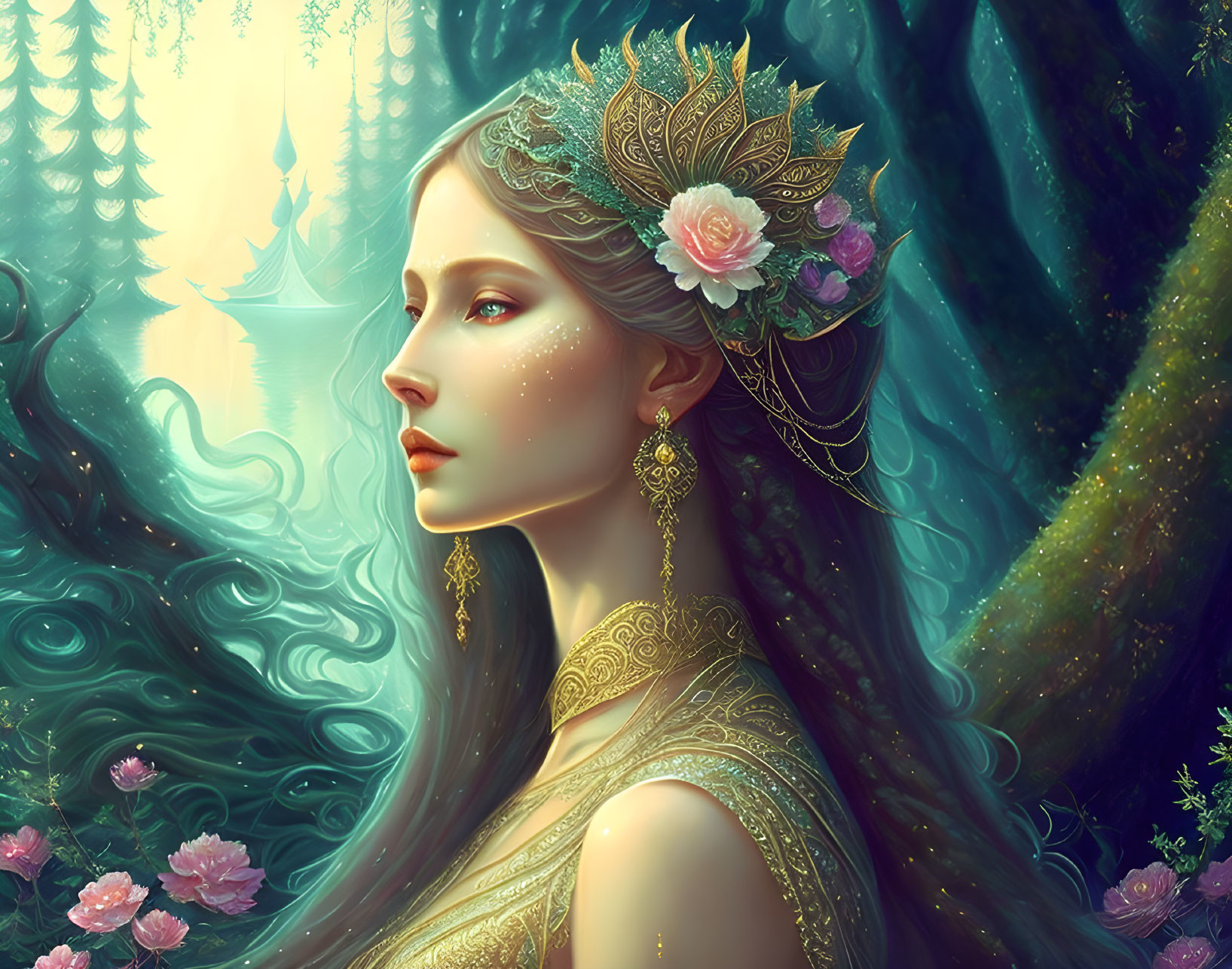 Ethereal woman with gold crown in magical forest scene