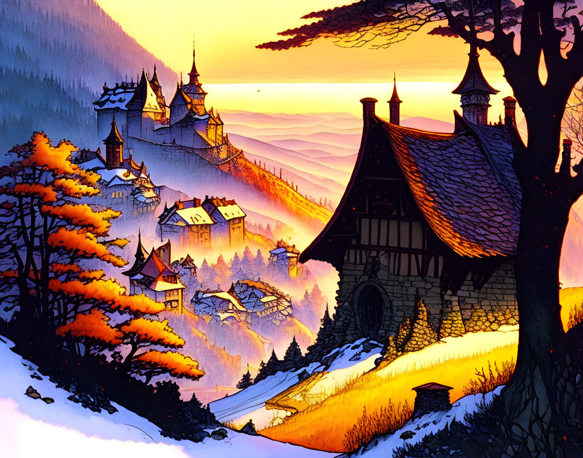 Snowy Medieval Village with Castles at Sunset: Colorful Illustration of Warm Lights and Mountain Background