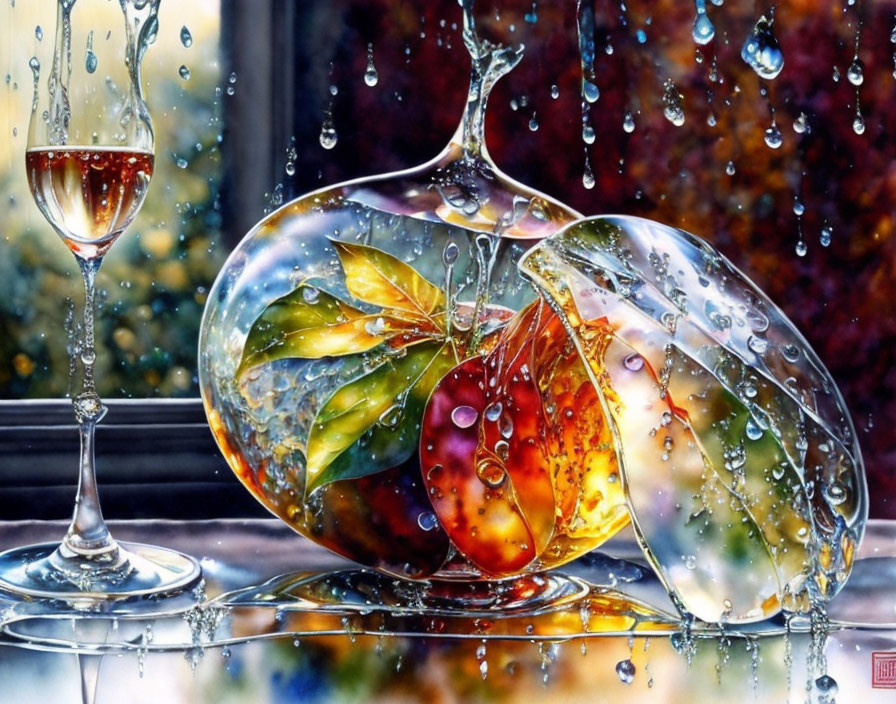 Colorful apple and champagne flute painting with water droplets on reflective surface