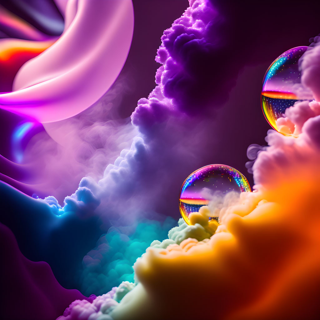 Colorful abstract art: swirling clouds, translucent bubbles on dark background