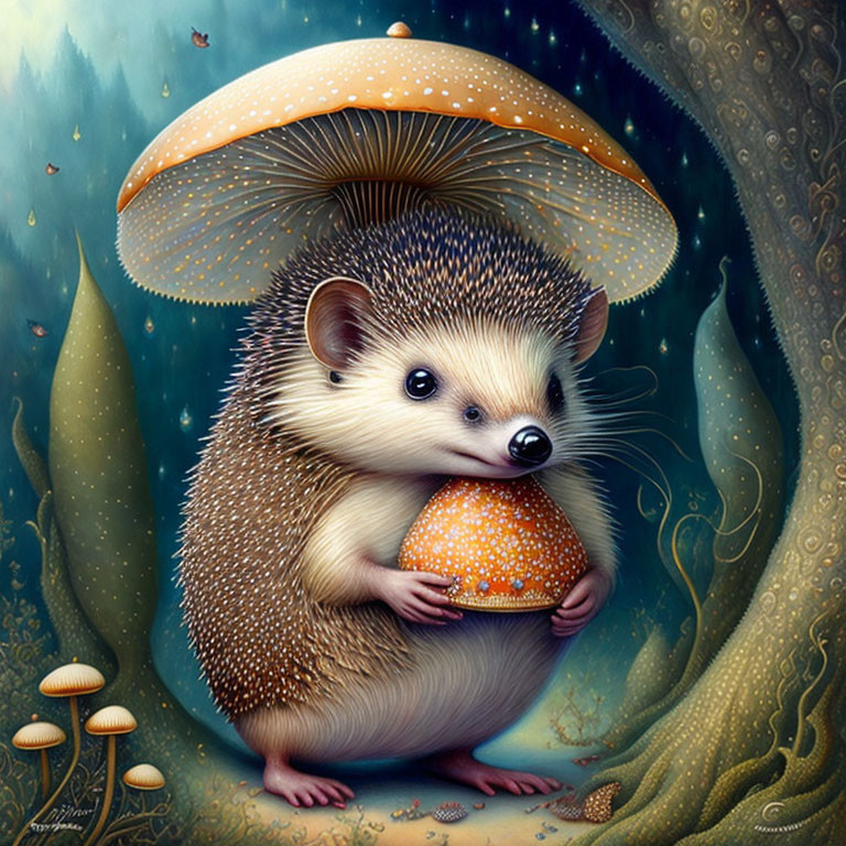 Illustrated hedgehog with orange mushroom in mystical forest