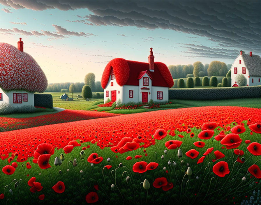 Traditional countryside landscape with white houses, red roofs, vibrant poppy fields, and dramatic cloudy sky.