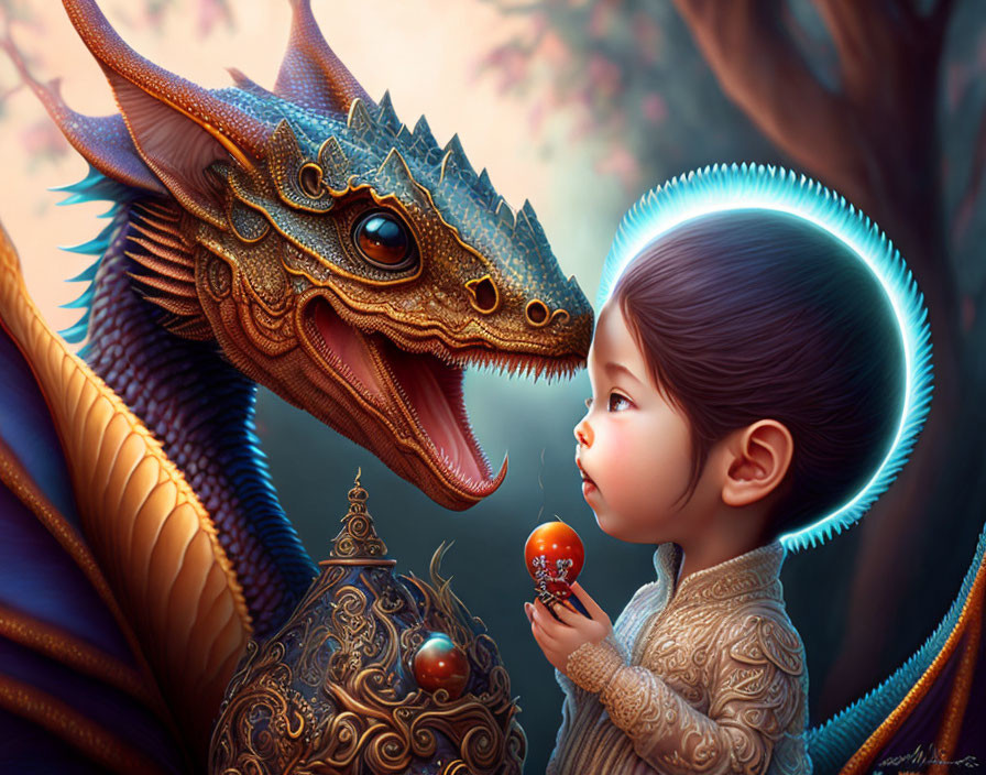 Child and colorful dragon interact with small red object