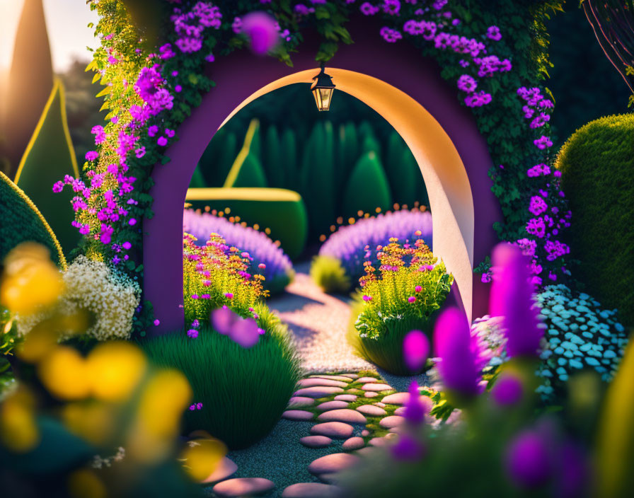 Lush garden pathway with purple flowers, hedges, and lamp post in sunlight