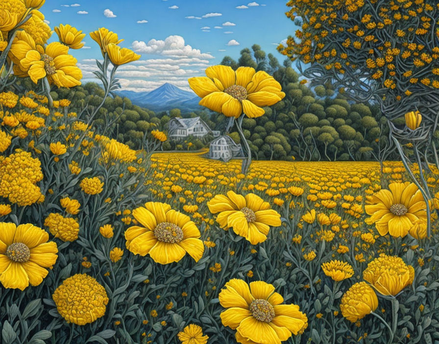 Yellow Flower Field Painting with Cottage and Mountains - Vibrant Nature Scene