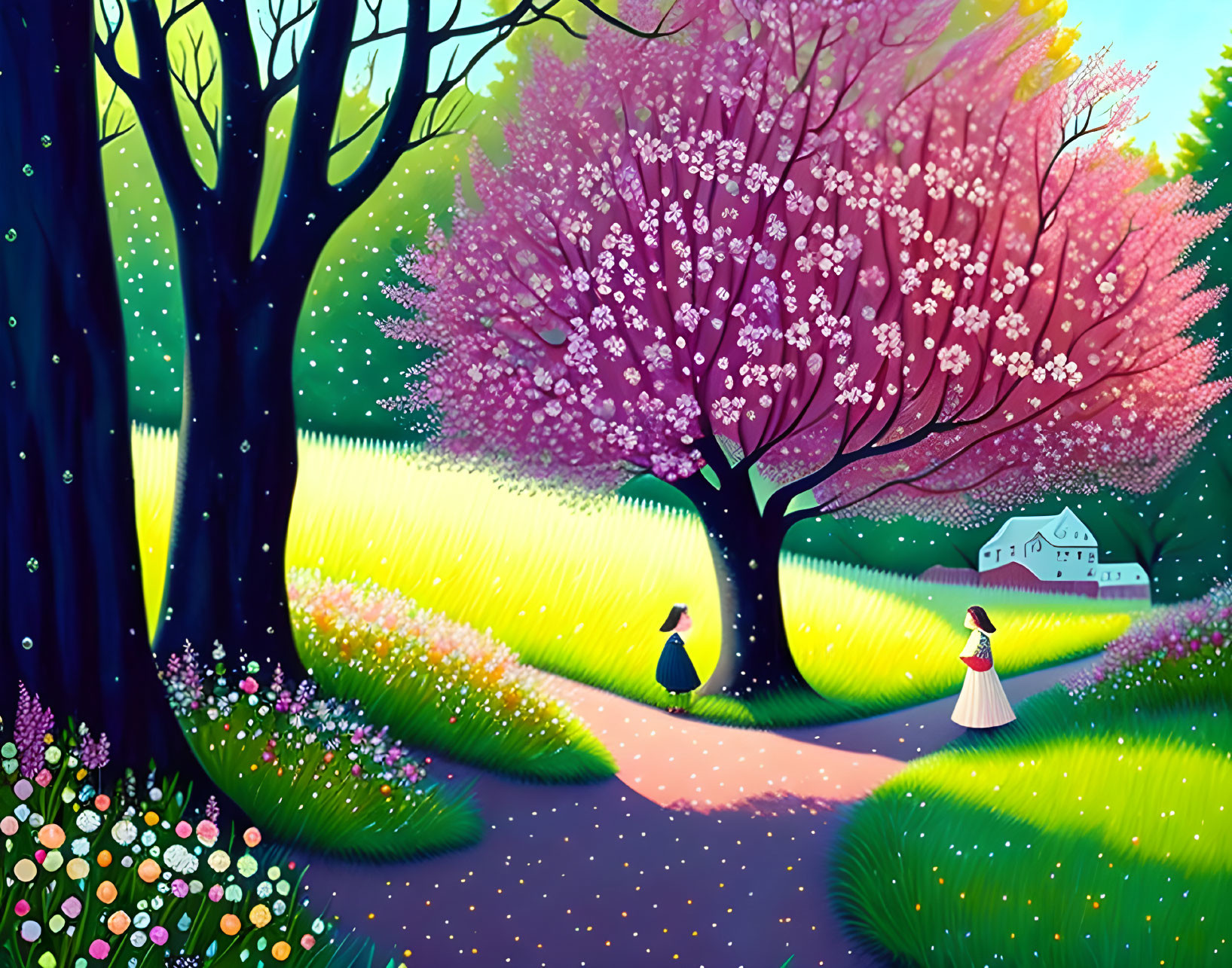 Vintage Attired Figures on Vibrant Path with Pink Trees and Quaint House