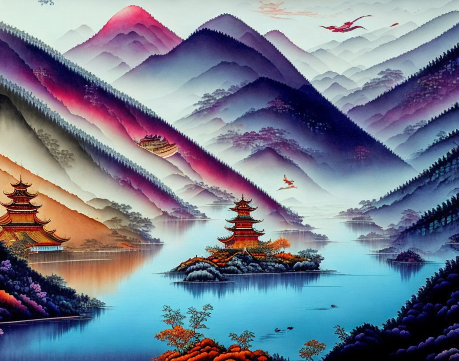 Traditional Asian landscape painting: Layered pink and blue mountains, pagodas, calm water, flying