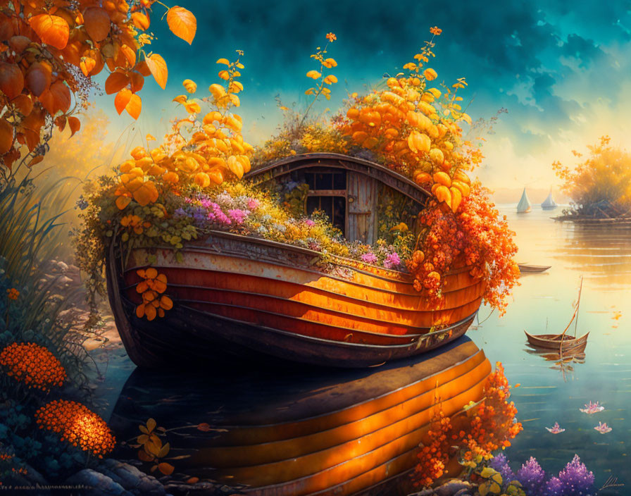 Misty riverbank with old wooden boat and colorful flowers