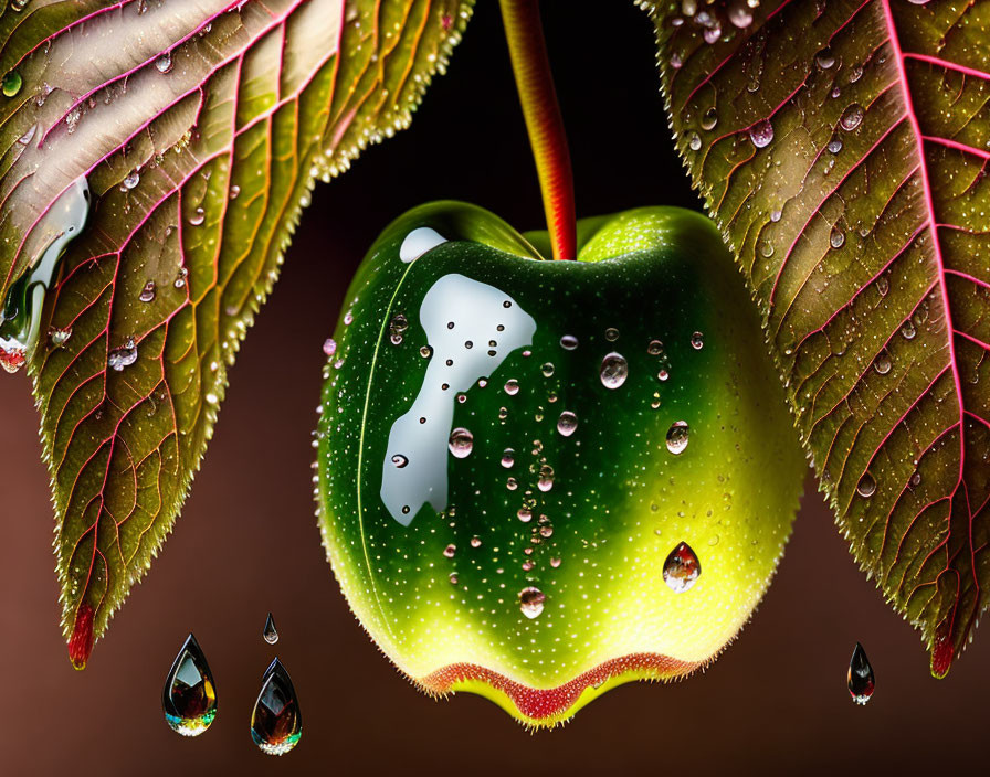 Fresh Green Apple with Water Droplets and Lush Leaves on Warm Background