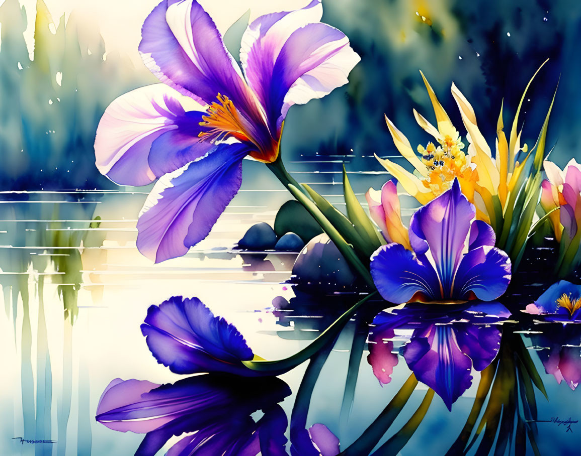 Vibrant digital painting of purple irises with water reflection and blurred background.