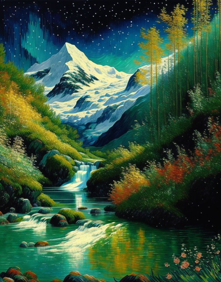 Nighttime mountain painting with waterfall, river, and stars