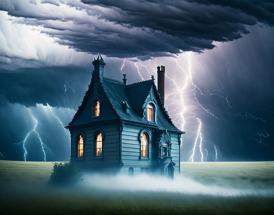 Spooky Victorian house in field under tempestuous sky