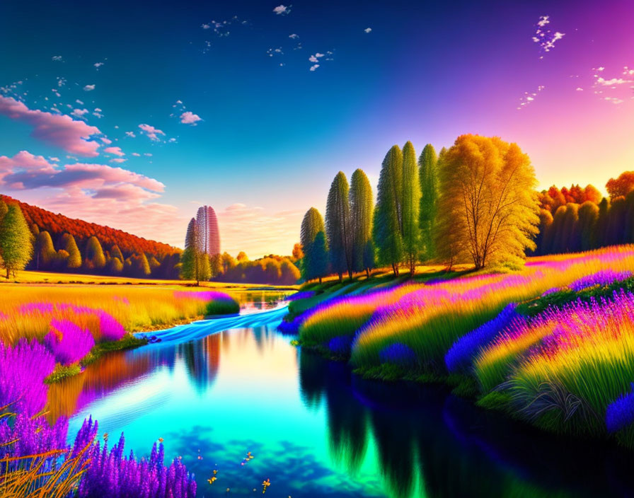 Serene river with purple wildflowers and colorful sky