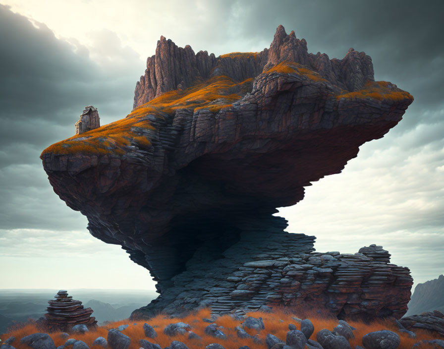 Dramatic floating rock formation with orange grass and small structure under cloudy sky